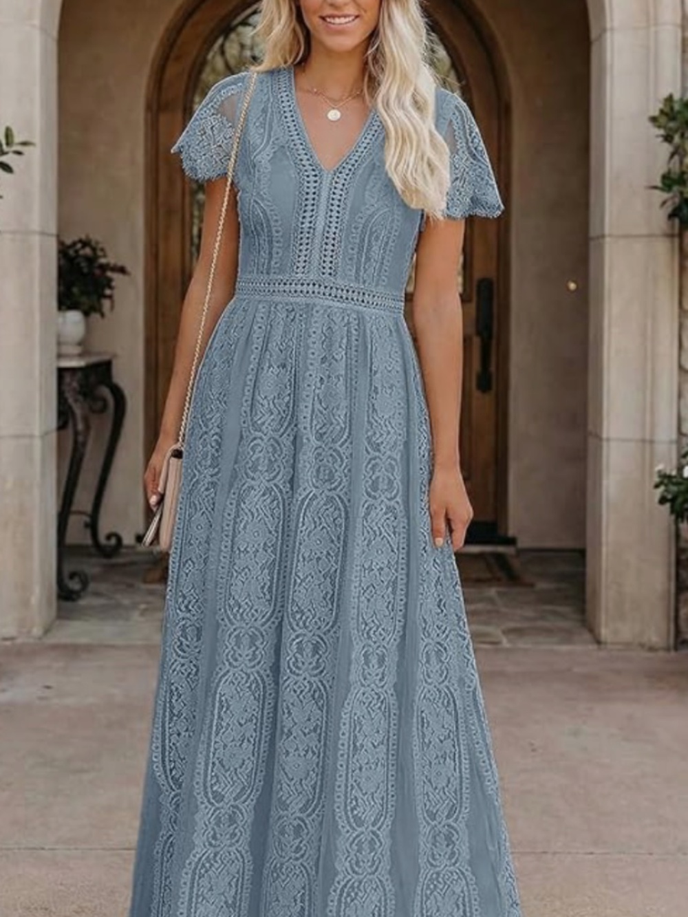 Merokeety V Neck Short Sleeve Floral Lace Wedding Dress A Line Maxi Dress